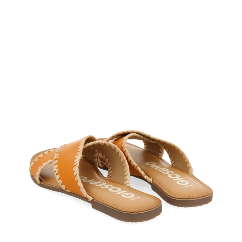 Assu women's orange leather sandals with raffia stitching
