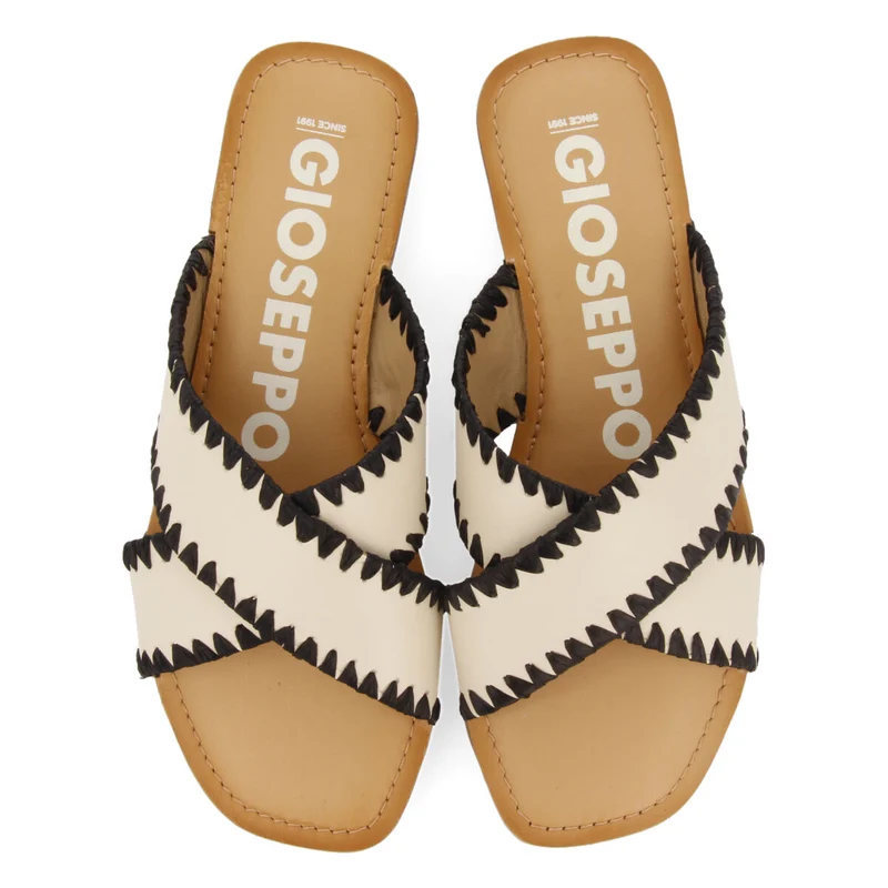 Assu women's off-white leather sandals with decorative raffia stitching