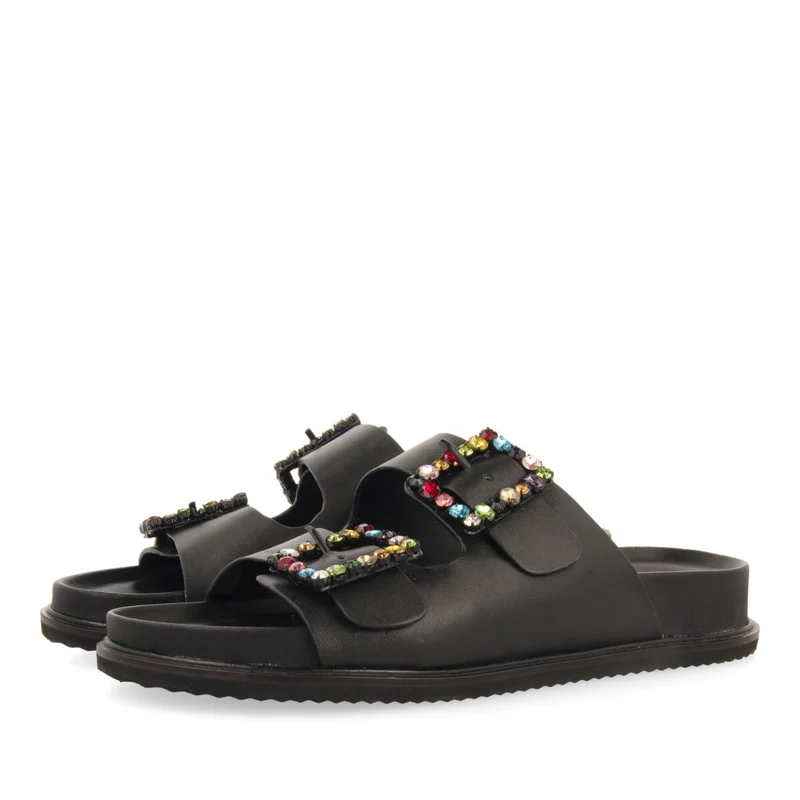 Koronadal women's black footbed sandals with multicoloured crystal buckles