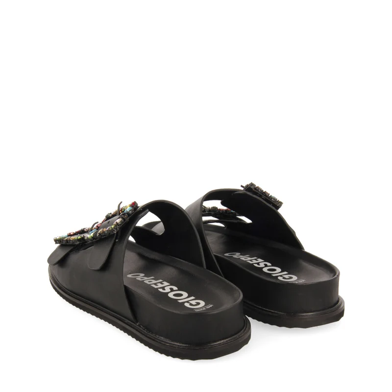 Koronadal women's black footbed sandals with multicoloured crystal buckles