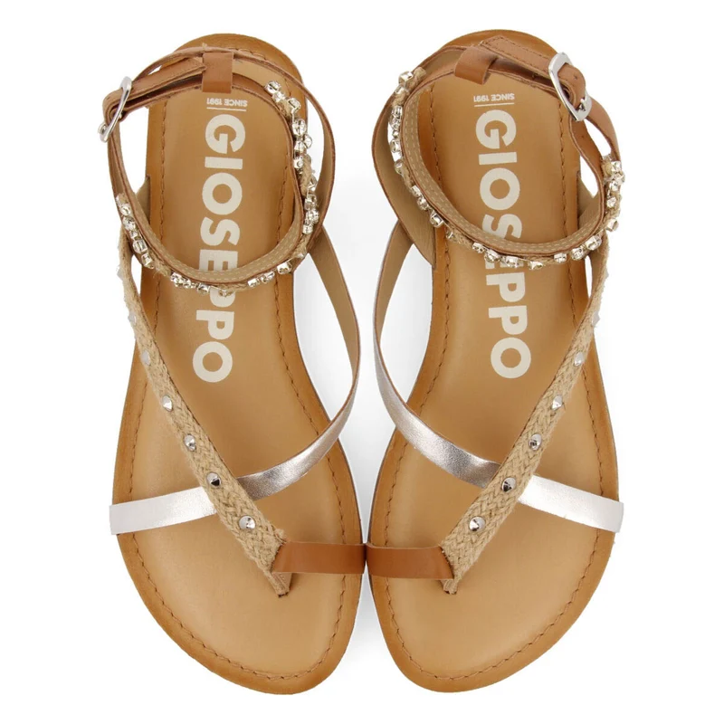 Lhuins women's flat sandals with stones and leather and jute straps