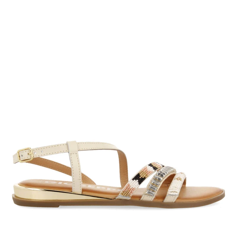 Women's white sandals with straps with multicoloured stones