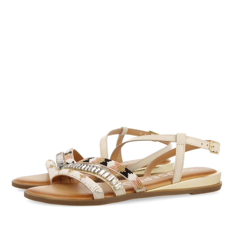 Women's white sandals with straps with multicoloured stones
