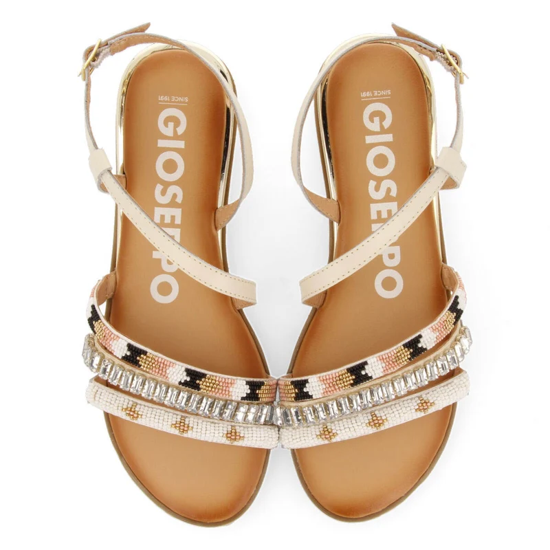 Women's white sandals with straps with multicoloured stones