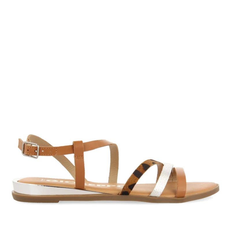 Corumba women's sandals with brown, silver and animal-print straps