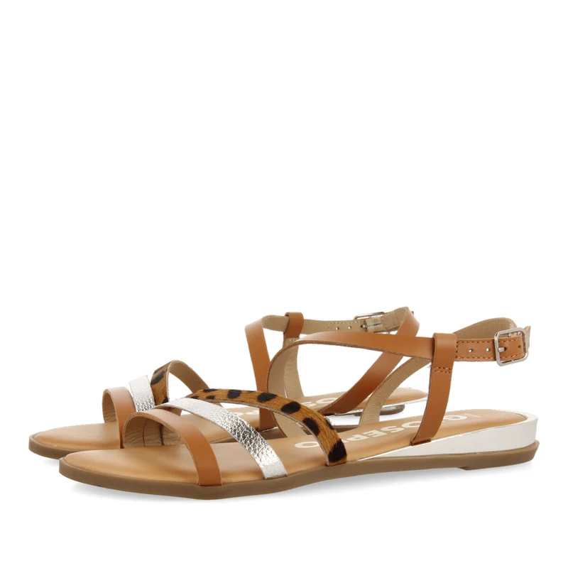 Corumba women's sandals with brown, silver and animal-print straps