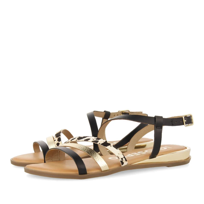 Corumba women's sandals with black, gold and animal-print straps