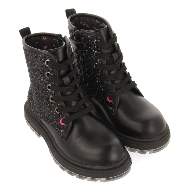Nisland children's glittery black lace-up ankle boots