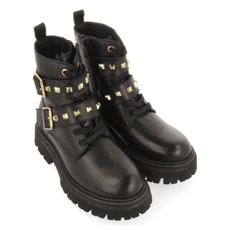 Trins children's black leather lace-up ankle boots with decorative buckles
