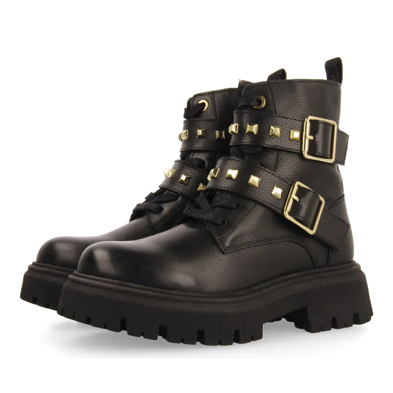 Trins children's black leather lace-up ankle boots with decorative buckles
