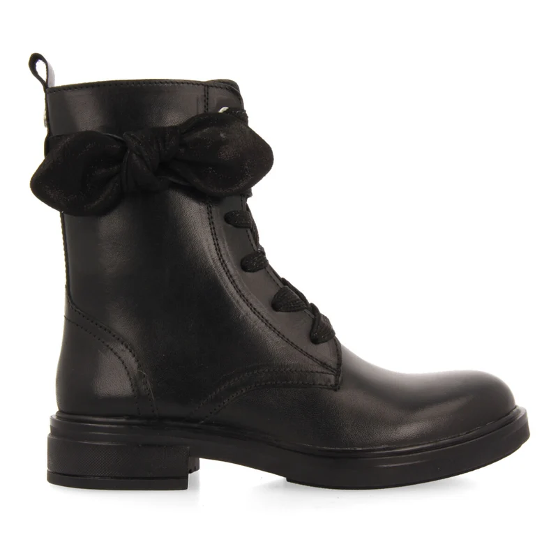 Vian children's black leather lace-up ankle boots with decorative bow