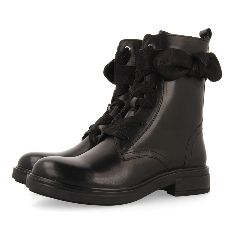 Vian children's black leather lace-up ankle boots with decorative bow
