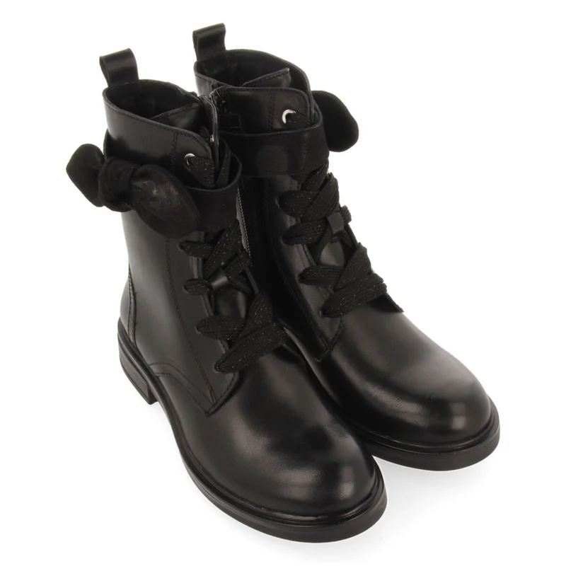Vian children's black leather lace-up ankle boots with decorative bow