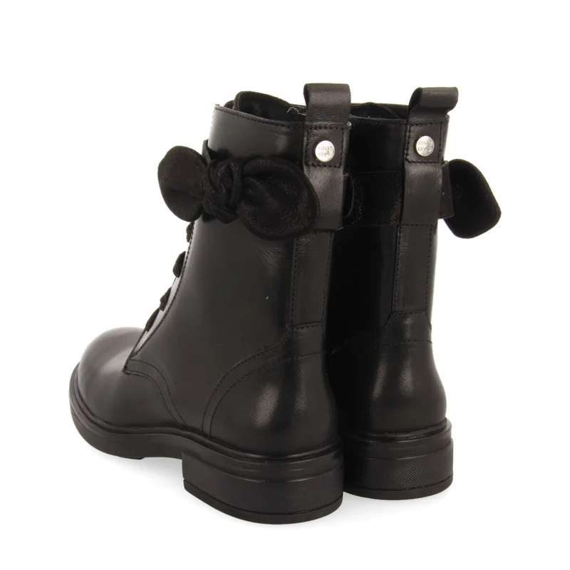 Vian children's black leather lace-up ankle boots with decorative bow