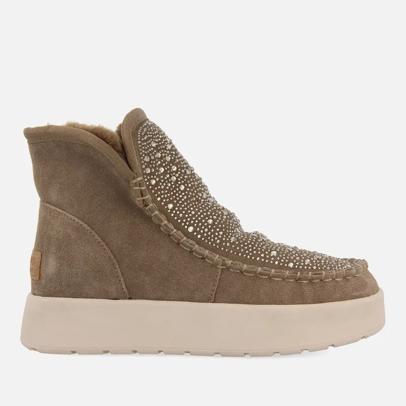 Cupar women's taupe split-suede shearling boots with crystals