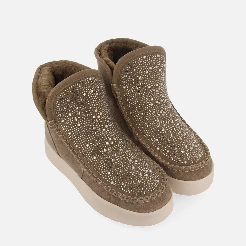 Cupar women's taupe split-suede shearling boots with crystals