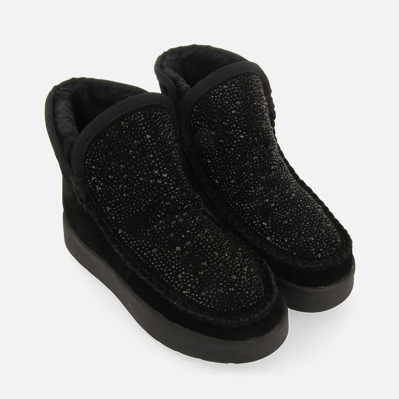 Cupar women's black split-suede shearling boots with crystals