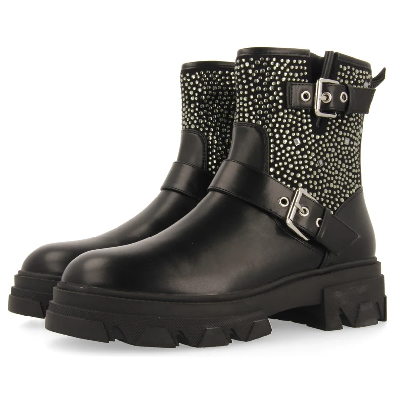 Tyndall women's black biker boots with decorations, buckles and track soles