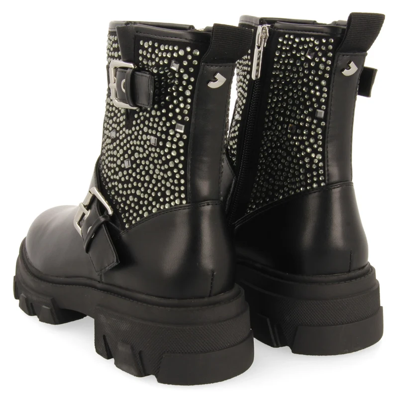 Tyndall women's black biker boots with decorations, buckles and track soles