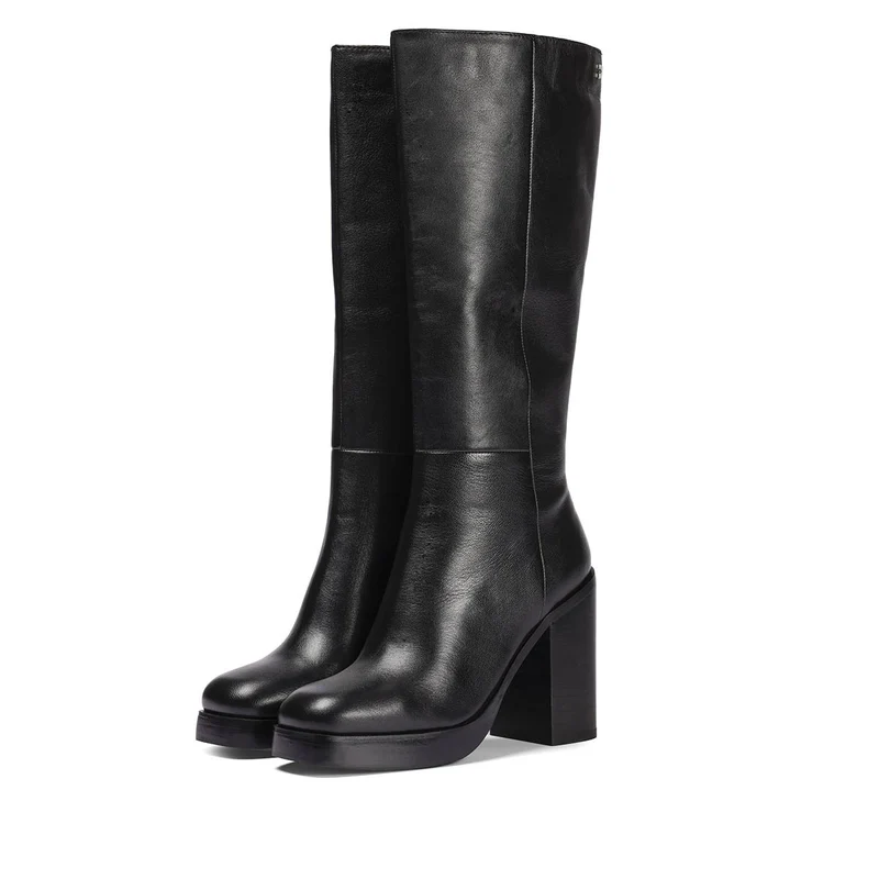 Tarnet women's knee-high coffee-coloured leather boots with wide heels and platforms
