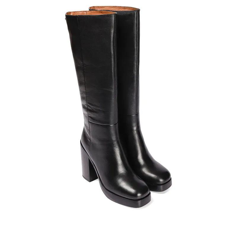 Tarnet women's knee-high coffee-coloured leather boots with wide heels and platforms