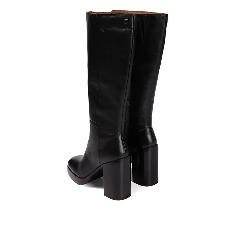 Tarnet women's knee-high coffee-coloured leather boots with wide heels and platforms