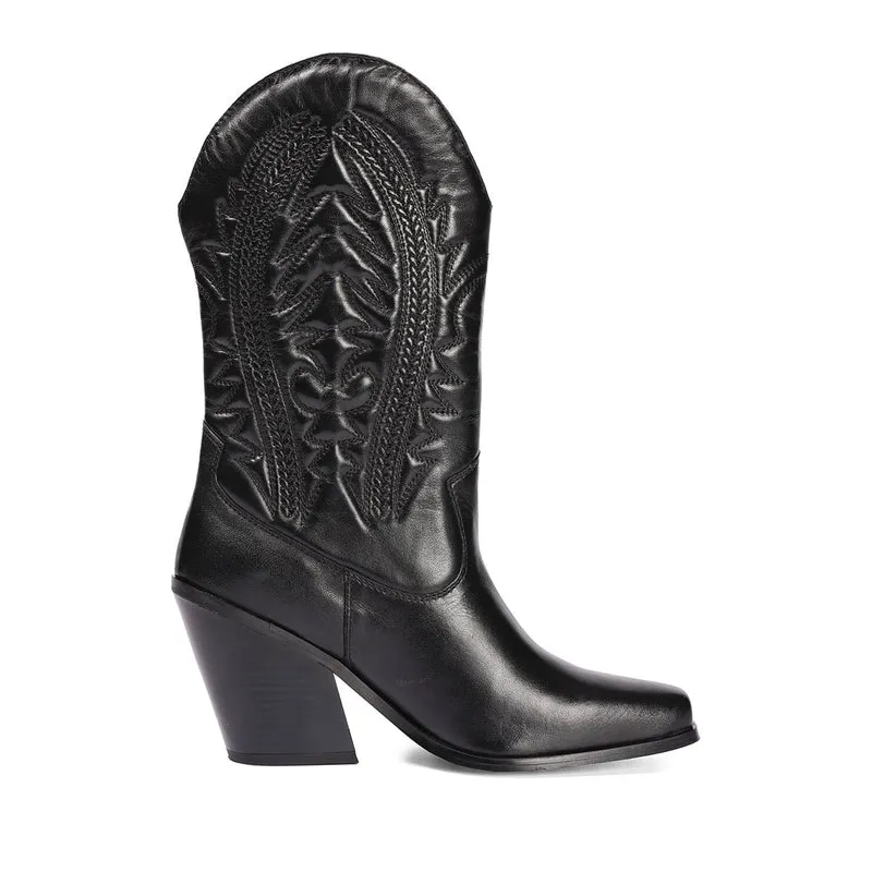 Herlev women's black leather cowboy boots with embroidered details