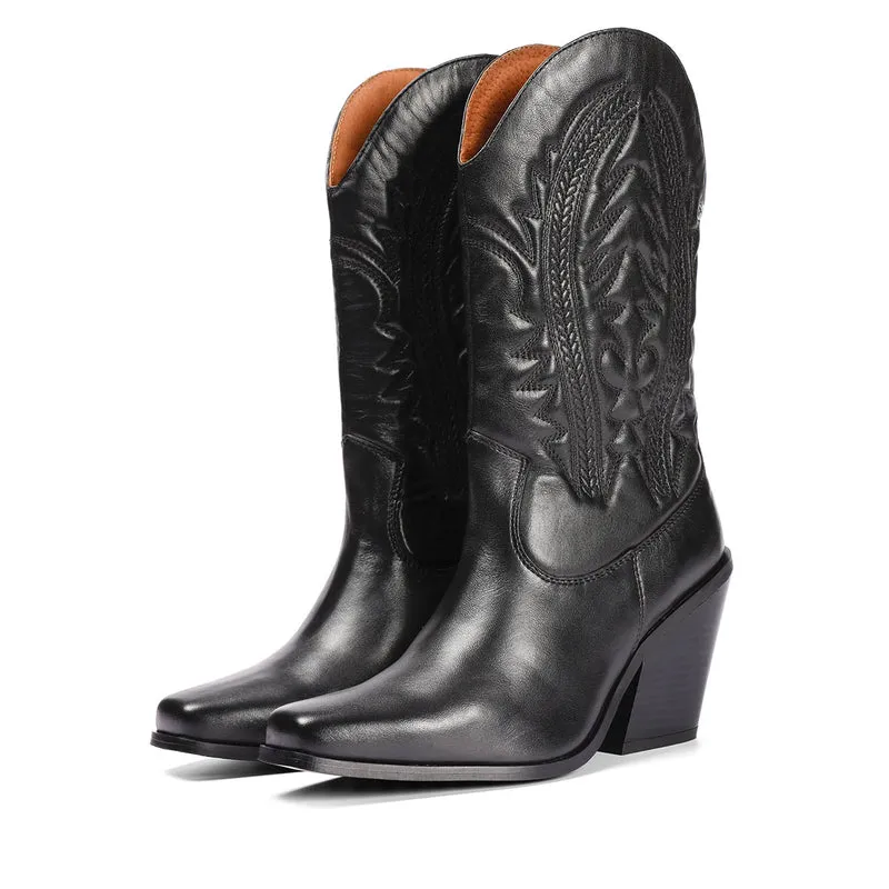 Herlev women's black leather cowboy boots with embroidered details