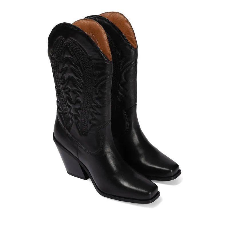 Herlev women's black leather cowboy boots with embroidered details