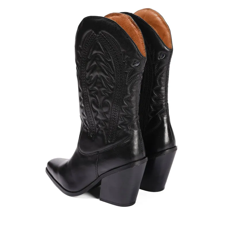 Herlev women's black leather cowboy boots with embroidered details