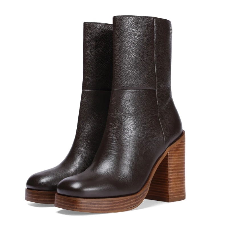 Langoya women's black high-heeled boots with coffee-coloured platforms