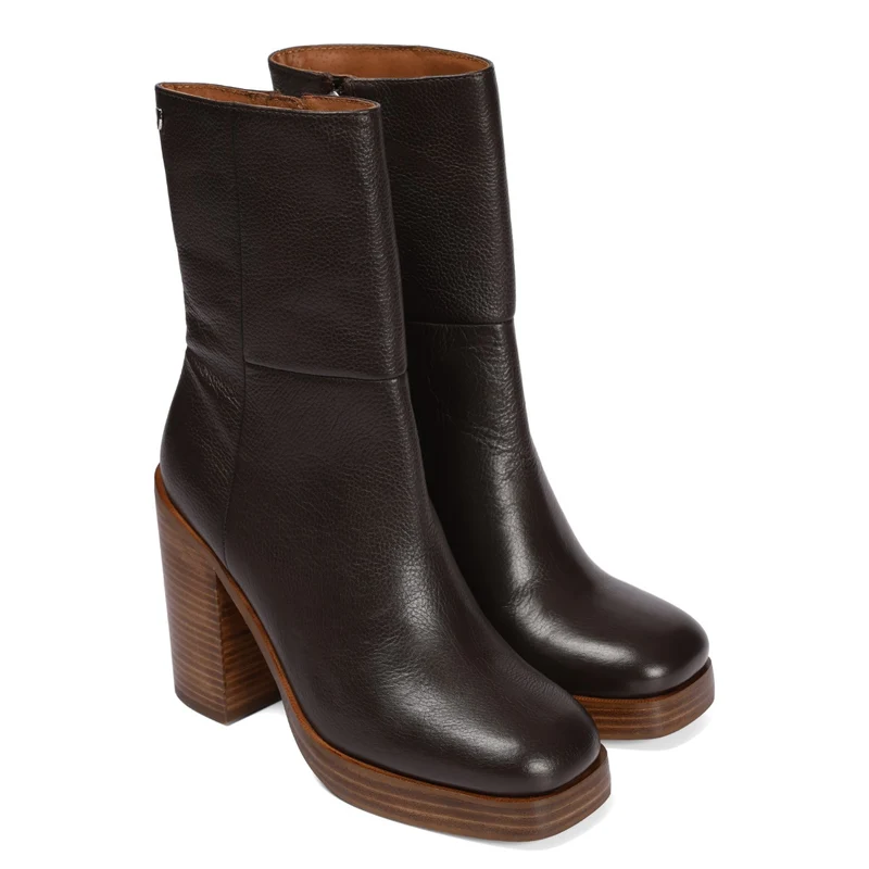 Langoya women's black high-heeled boots with coffee-coloured platforms