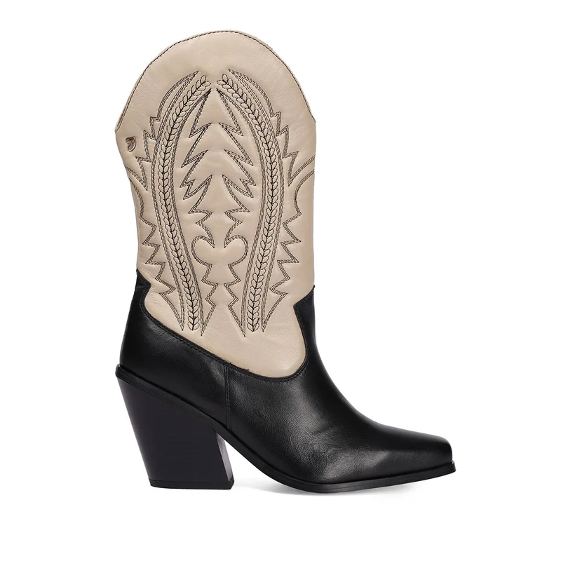 Herlev women's black and cream leather cowboy boots with embroidered details