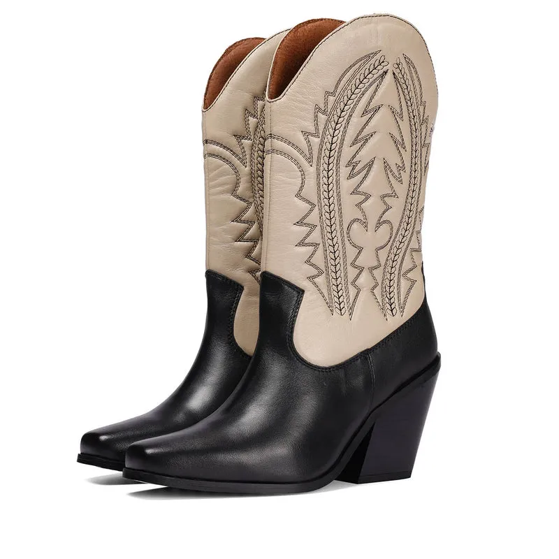 Herlev women's black and cream leather cowboy boots with embroidered details