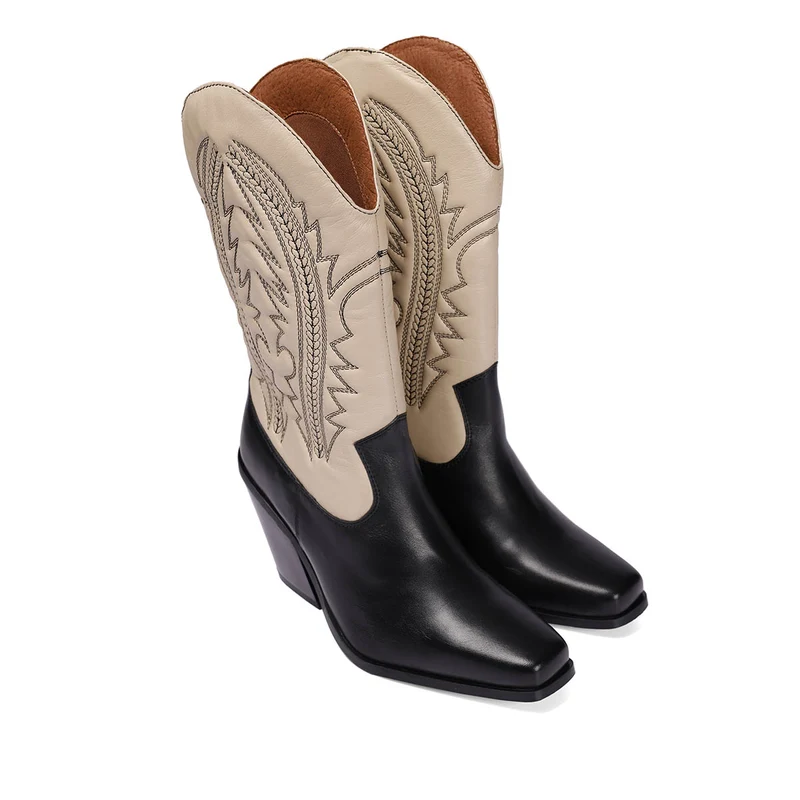Herlev women's black and cream leather cowboy boots with embroidered details