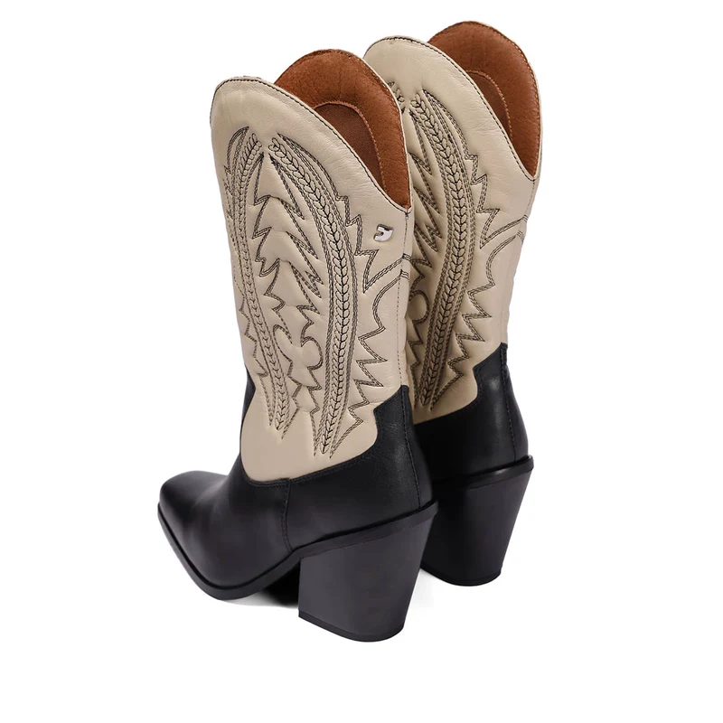 Herlev women's black and cream leather cowboy boots with embroidered details