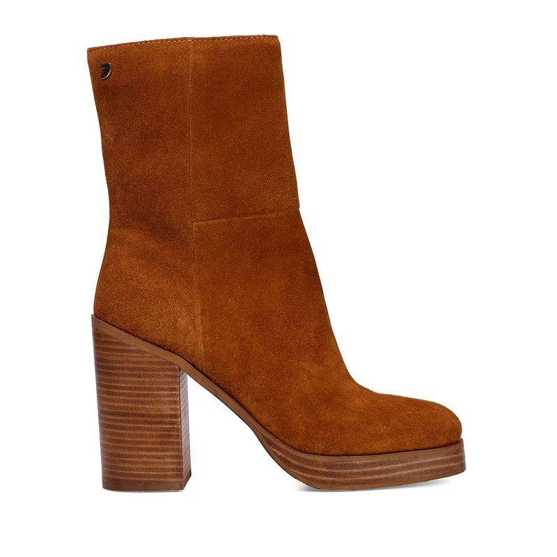Stranda women's tan leather mid-height boots with wide heels and platforms