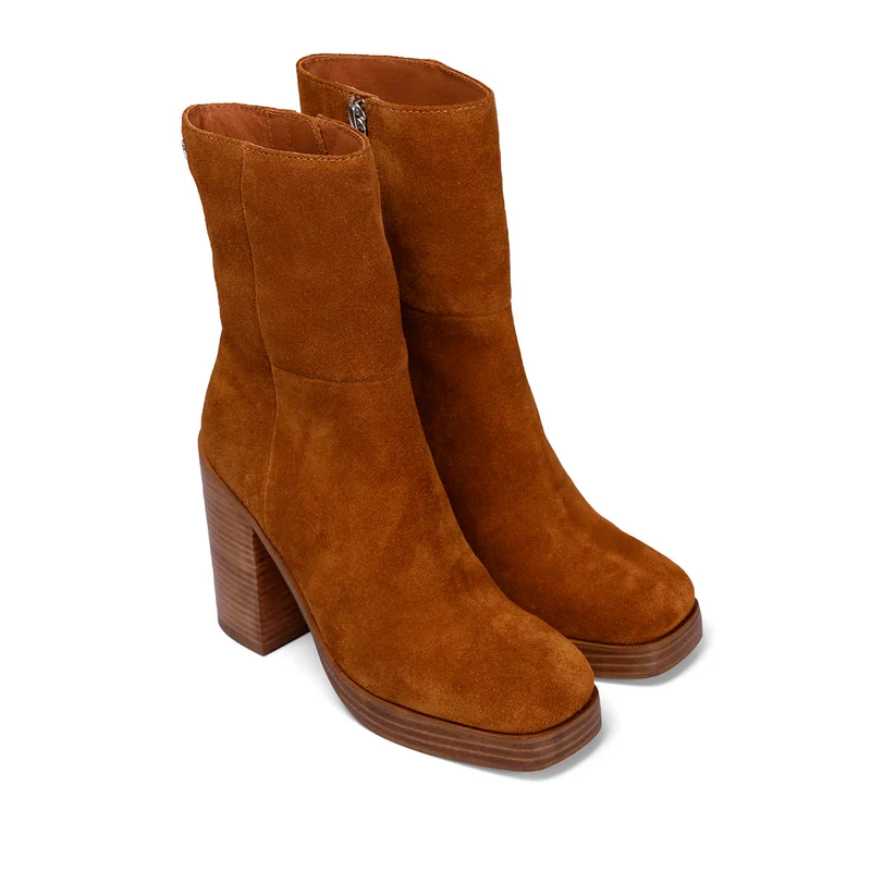 Stranda women's tan leather mid-height boots with wide heels and platforms