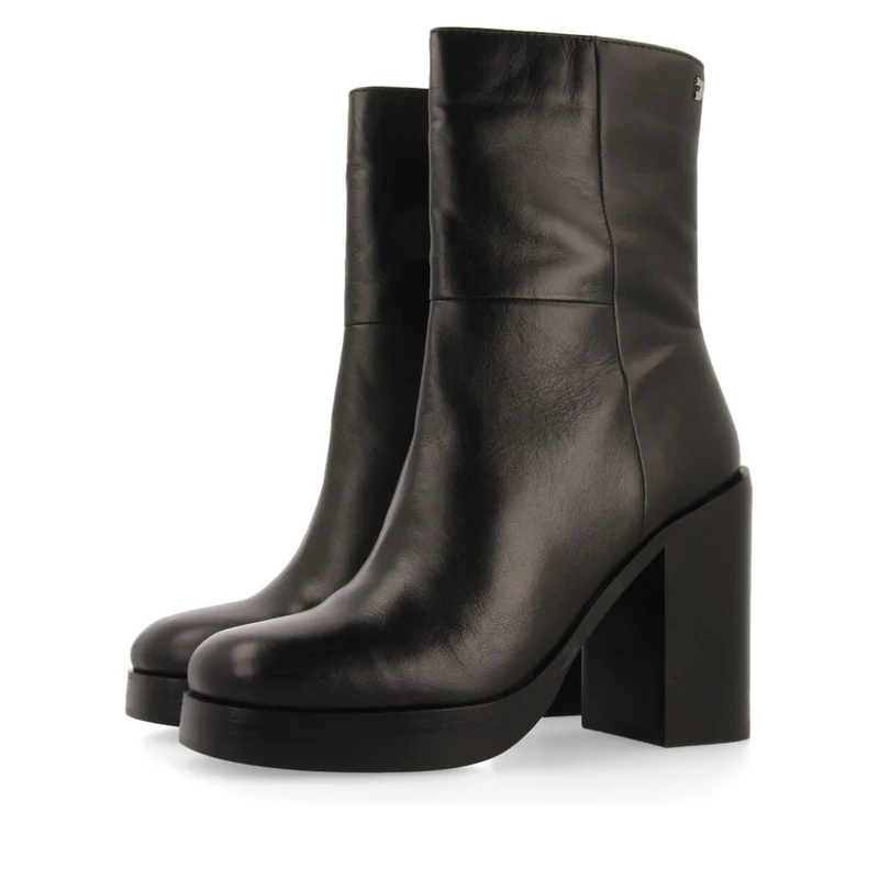 Andoya women's black leather mid-height boots with wide heels and platforms