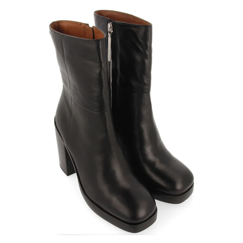Andoya women's black leather mid-height boots with wide heels and platforms