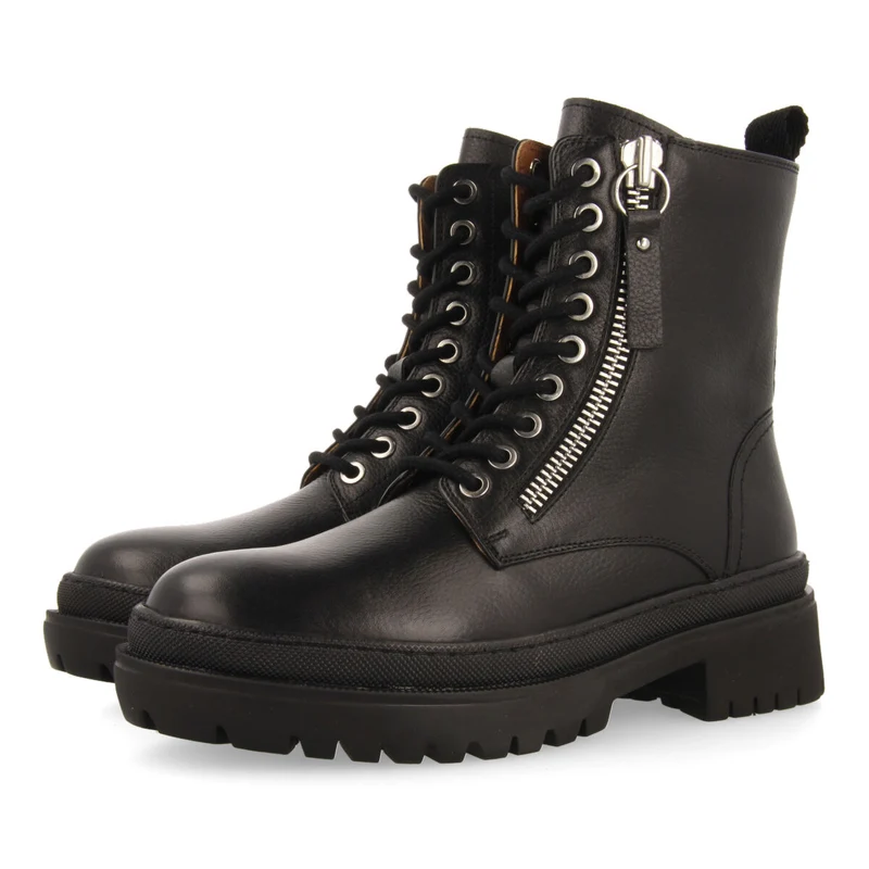 Mallaig women's black leather biker boots with track soles and a decorative metallic zip