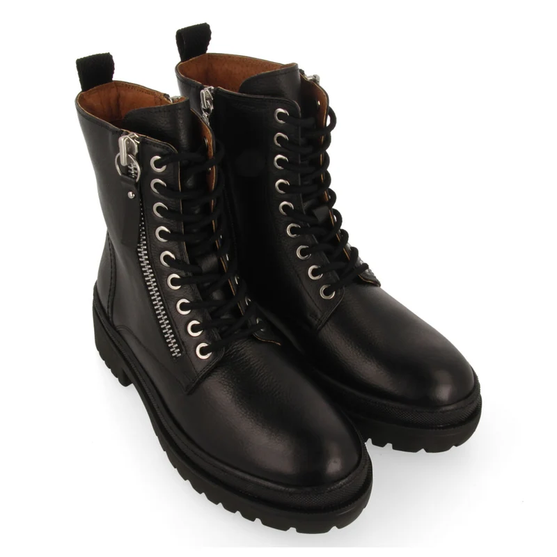 Mallaig women's black leather biker boots with track soles and a decorative metallic zip