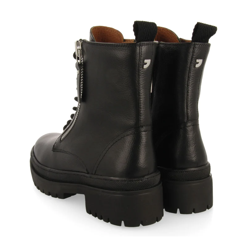 Mallaig women's black leather biker boots with track soles and a decorative metallic zip