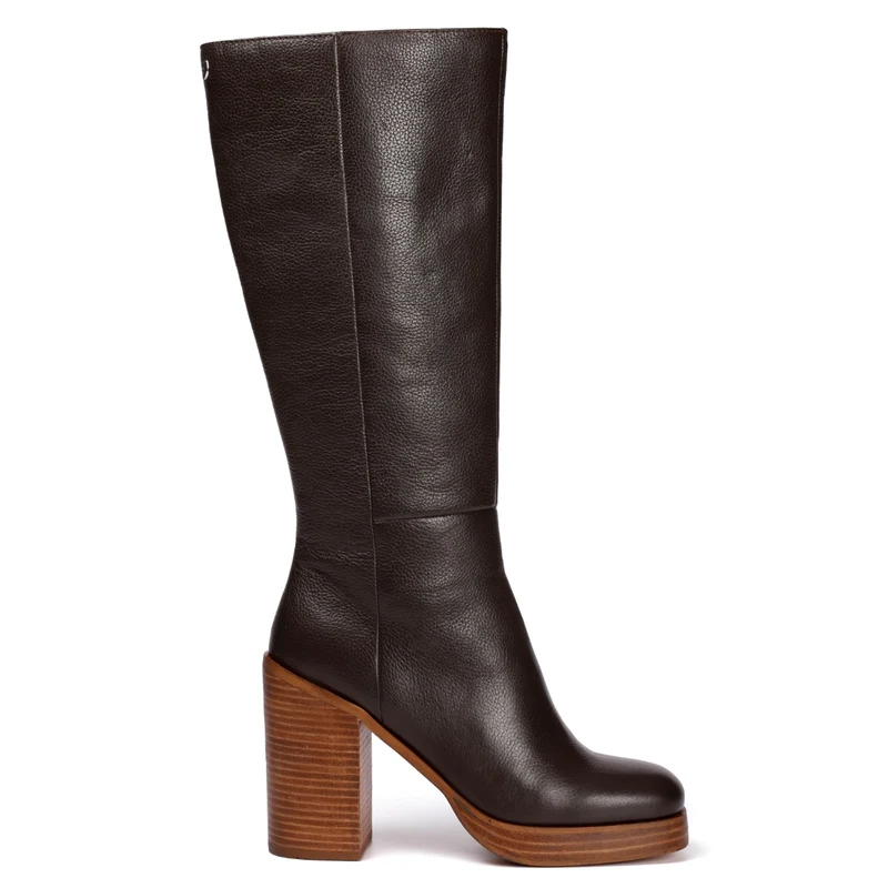 Unstad women's coffee-coloured leather boots with wide heels and platforms