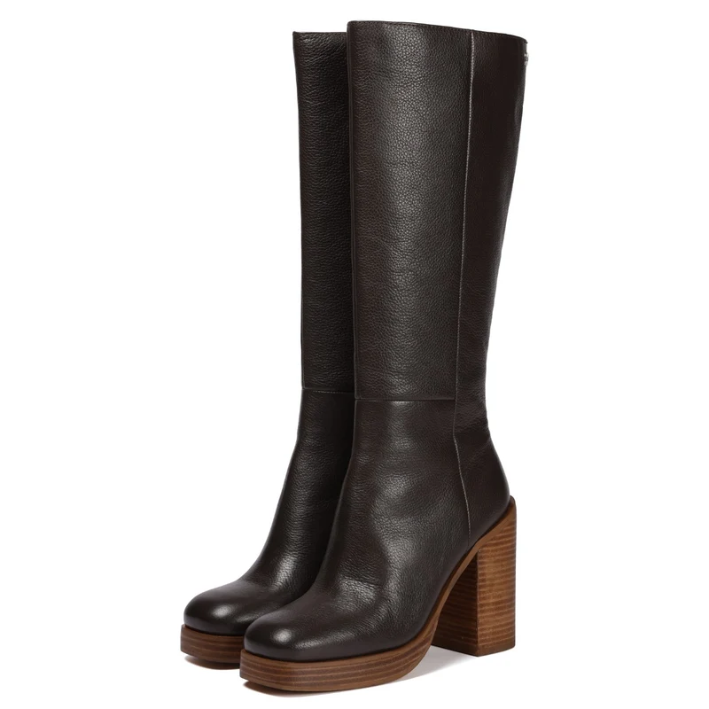 Unstad women's coffee-coloured leather boots with wide heels and platforms