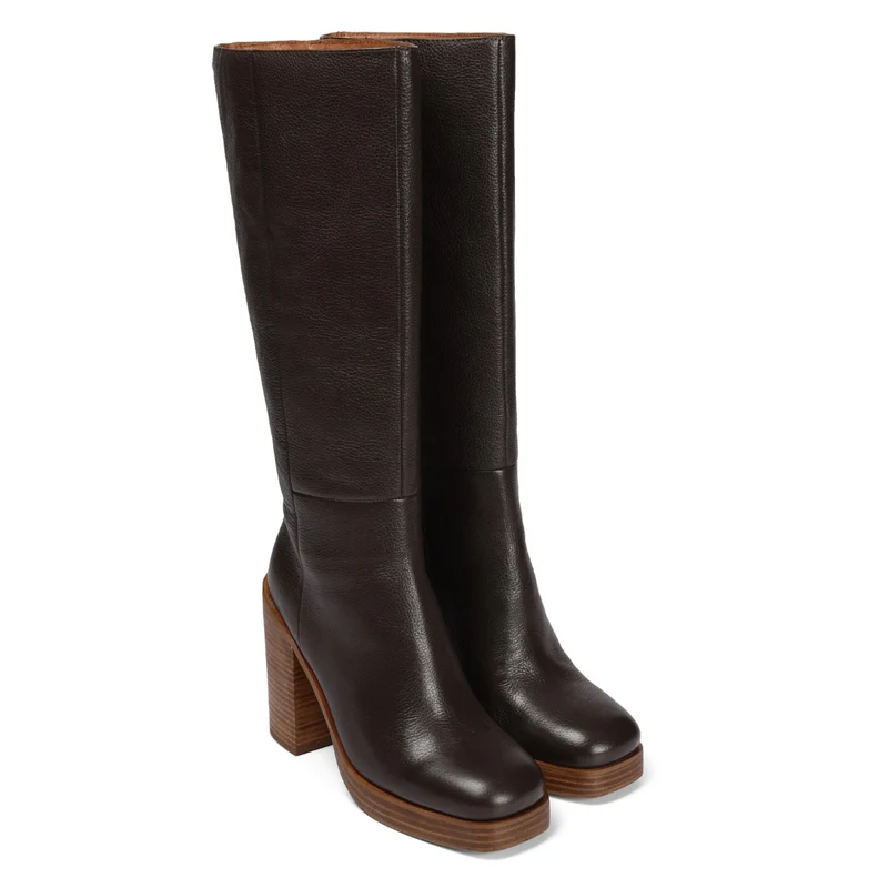 Unstad women's coffee-coloured leather boots with wide heels and platforms
