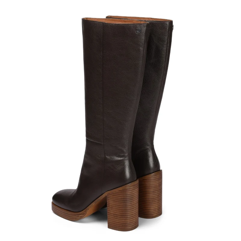 Unstad women's coffee-coloured leather boots with wide heels and platforms