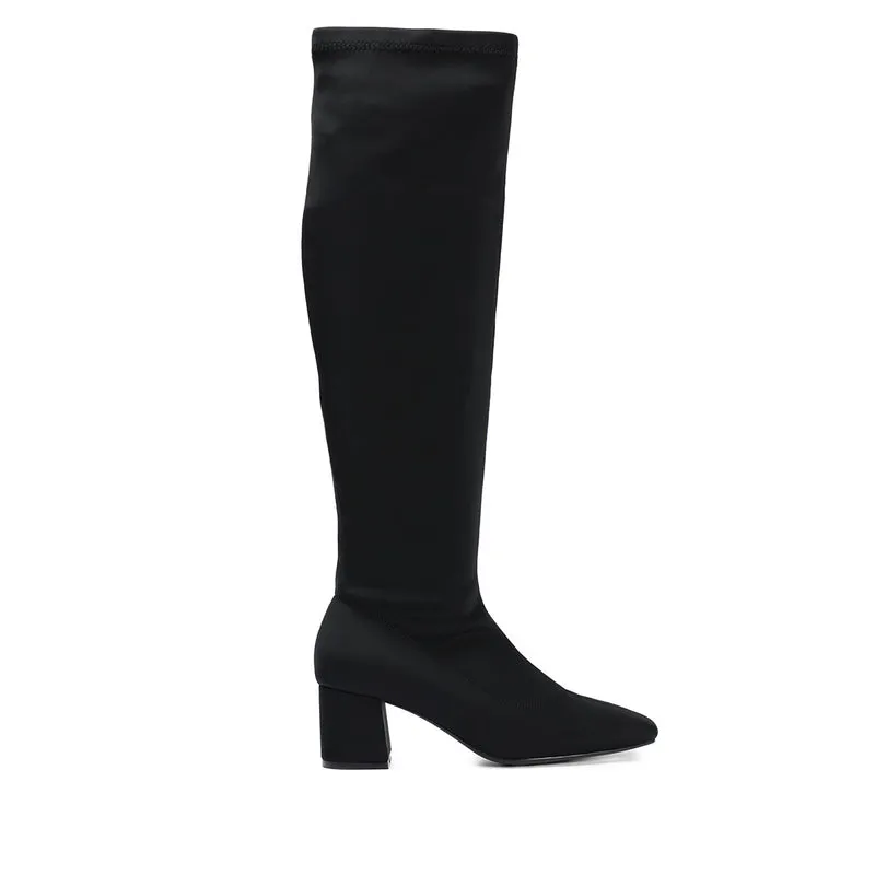 Kiberg women's stretchy black thigh-high boots with mid heels and semi-square toes