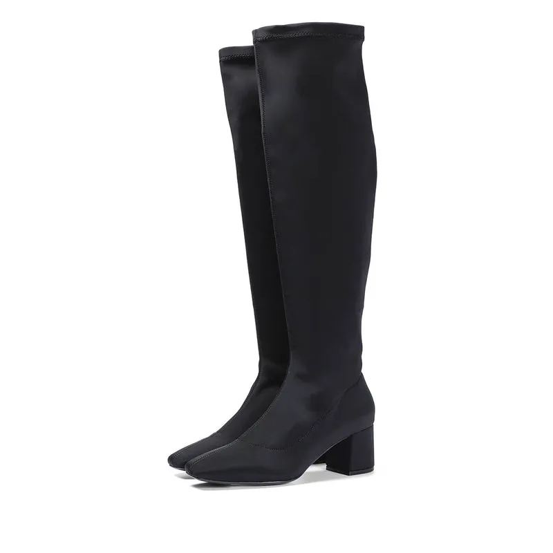 Kiberg women's stretchy black thigh-high boots with mid heels and semi-square toes