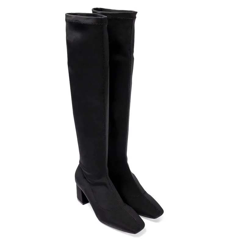 Kiberg women's stretchy black thigh-high boots with mid heels and semi-square toes